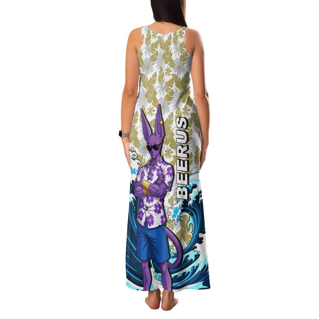 Beerus Dragon Ball Summer Theme Tank Maxi Dress with Floral Shirt Sunglasses Shenron and Ocean Wave Background - The Mazicc
