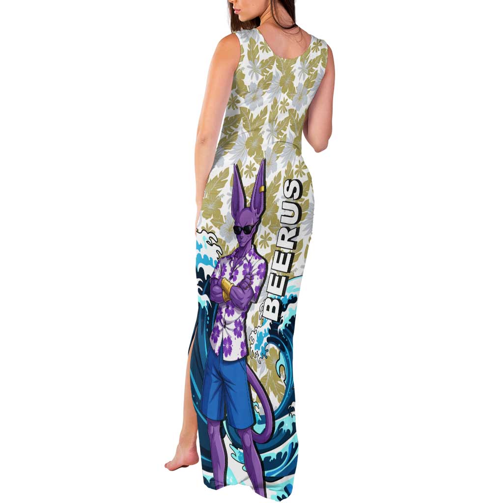 Beerus Dragon Ball Summer Theme Tank Maxi Dress with Floral Shirt Sunglasses Shenron and Ocean Wave Background - The Mazicc