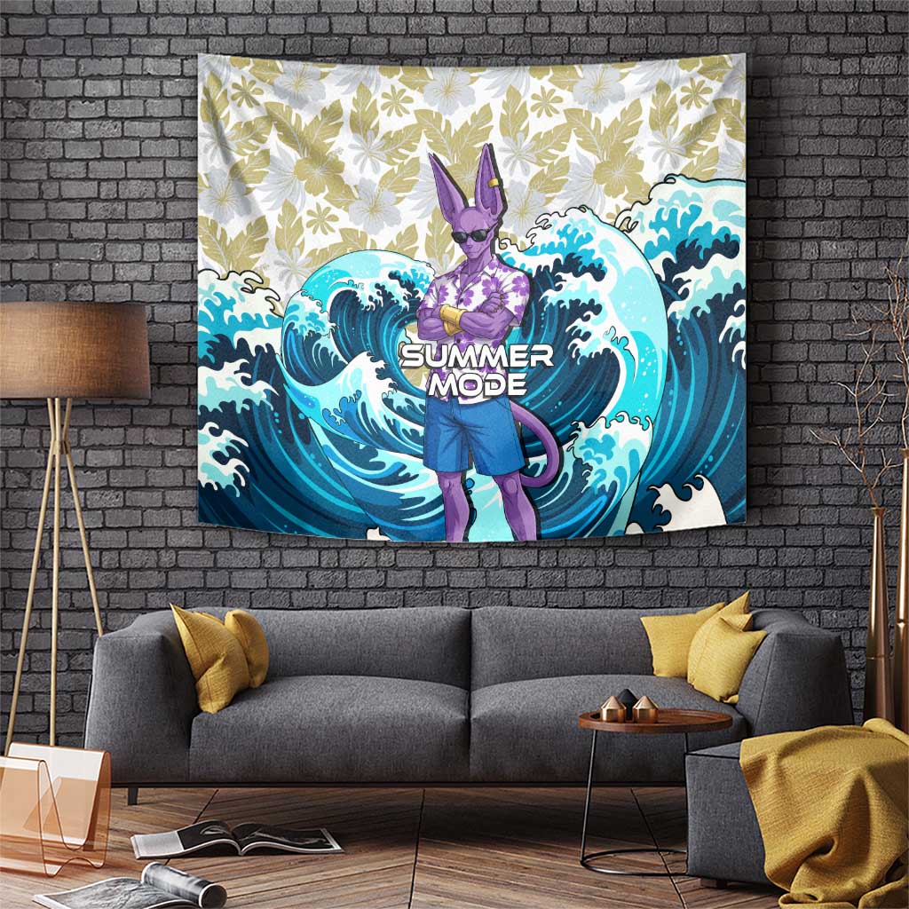 Beerus Dragon Ball Summer Theme Tapestry with Floral Shirt Sunglasses Shenron and Ocean Wave Background - The Mazicc