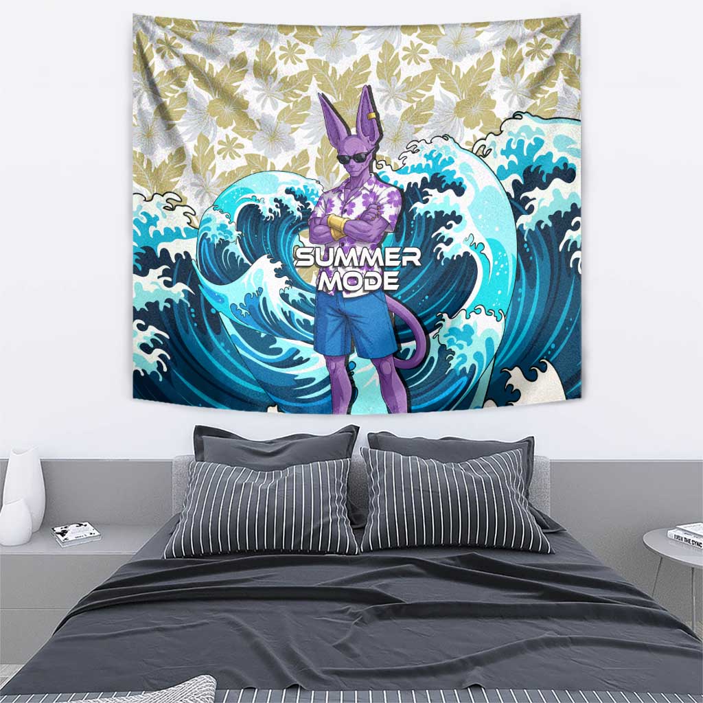 Beerus Dragon Ball Summer Theme Tapestry with Floral Shirt Sunglasses Shenron and Ocean Wave Background - The Mazicc
