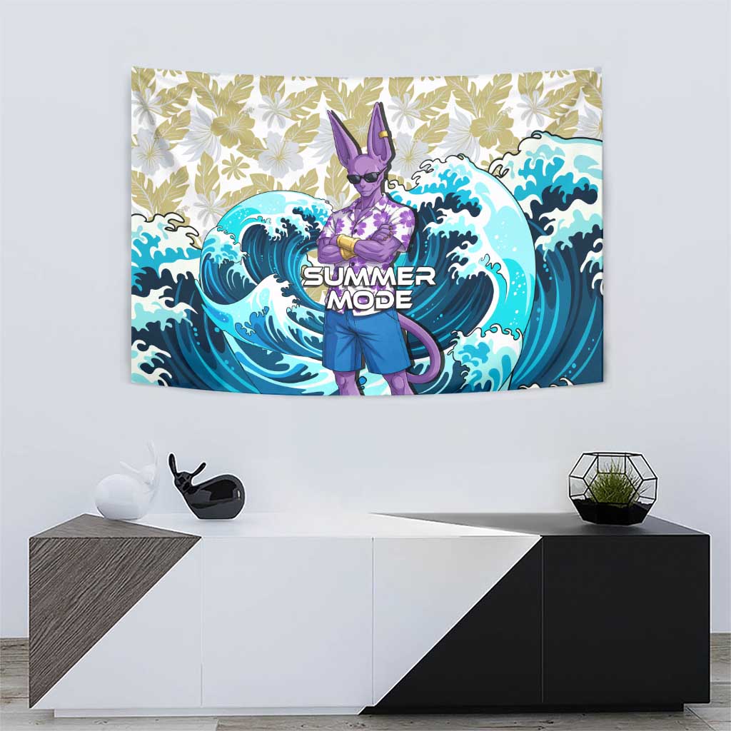 Beerus Dragon Ball Summer Theme Tapestry with Floral Shirt Sunglasses Shenron and Ocean Wave Background - The Mazicc