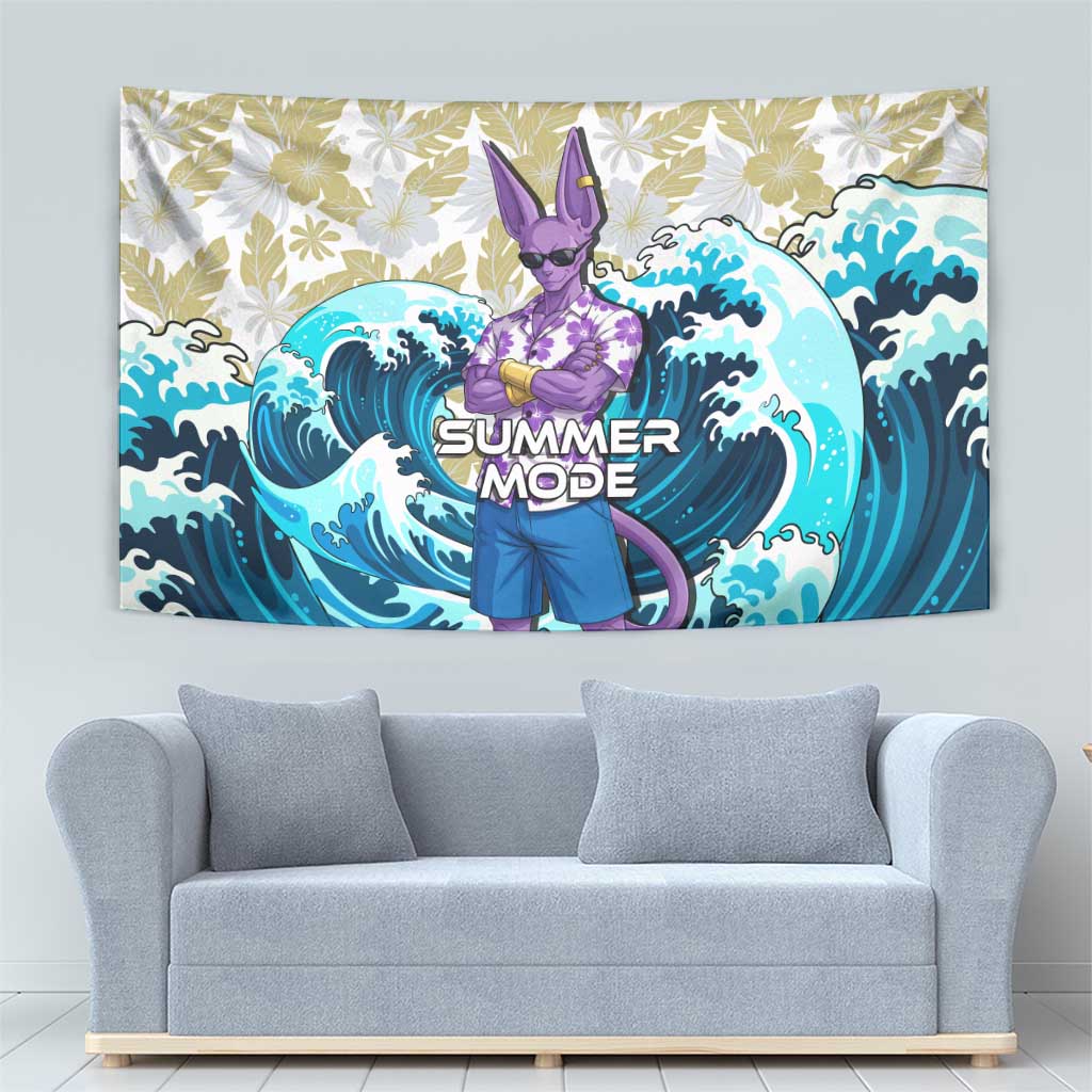 Beerus Dragon Ball Summer Theme Tapestry with Floral Shirt Sunglasses Shenron and Ocean Wave Background - The Mazicc
