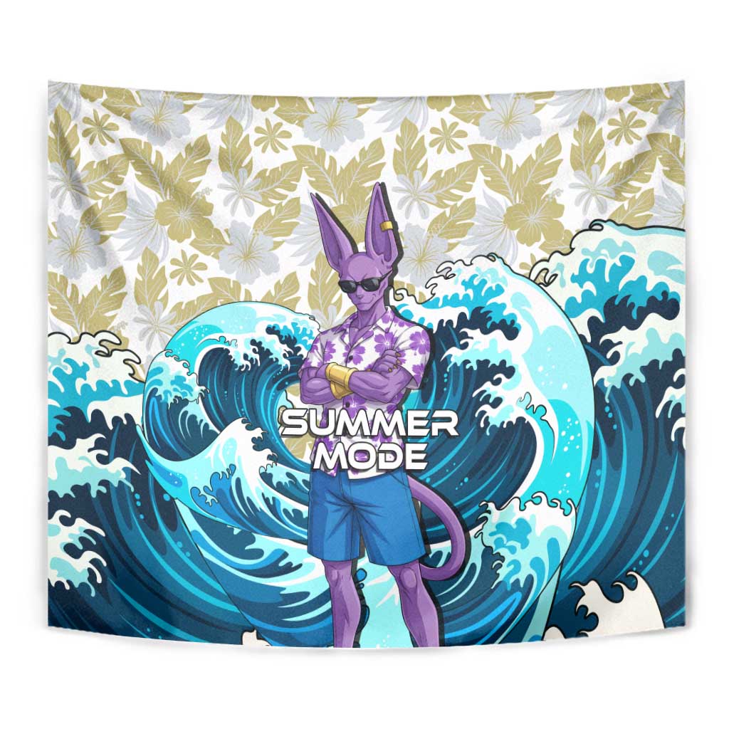 Beerus Dragon Ball Summer Theme Tapestry with Floral Shirt Sunglasses Shenron and Ocean Wave Background - The Mazicc