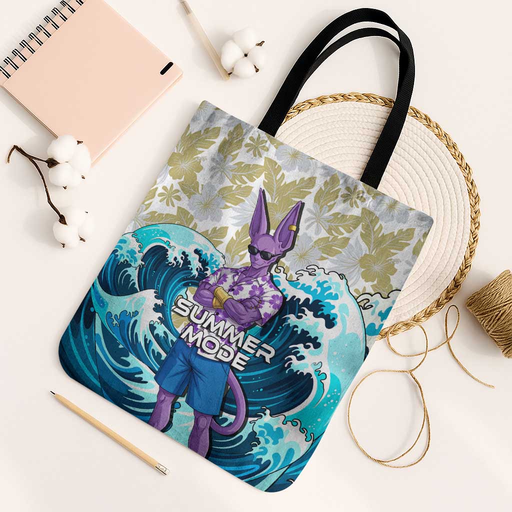 Beerus Dragon Ball Summer Theme Tote Bag with Floral Shirt Sunglasses Shenron and Ocean Wave Background - The Mazicc