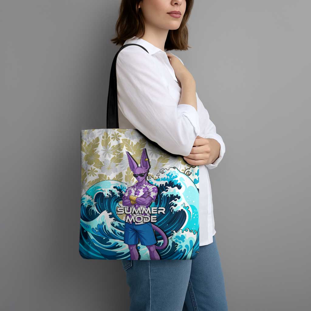 Beerus Dragon Ball Summer Theme Tote Bag with Floral Shirt Sunglasses Shenron and Ocean Wave Background - The Mazicc