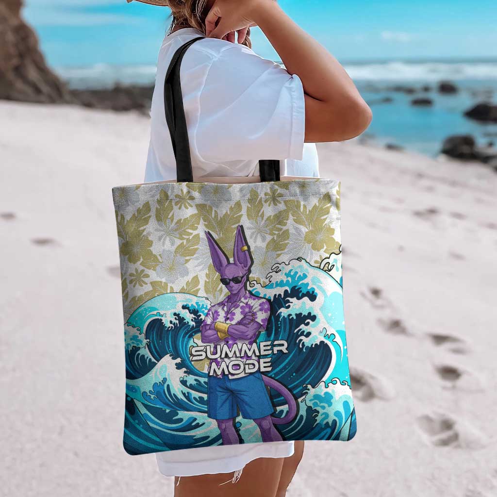 Beerus Dragon Ball Summer Theme Tote Bag with Floral Shirt Sunglasses Shenron and Ocean Wave Background - The Mazicc