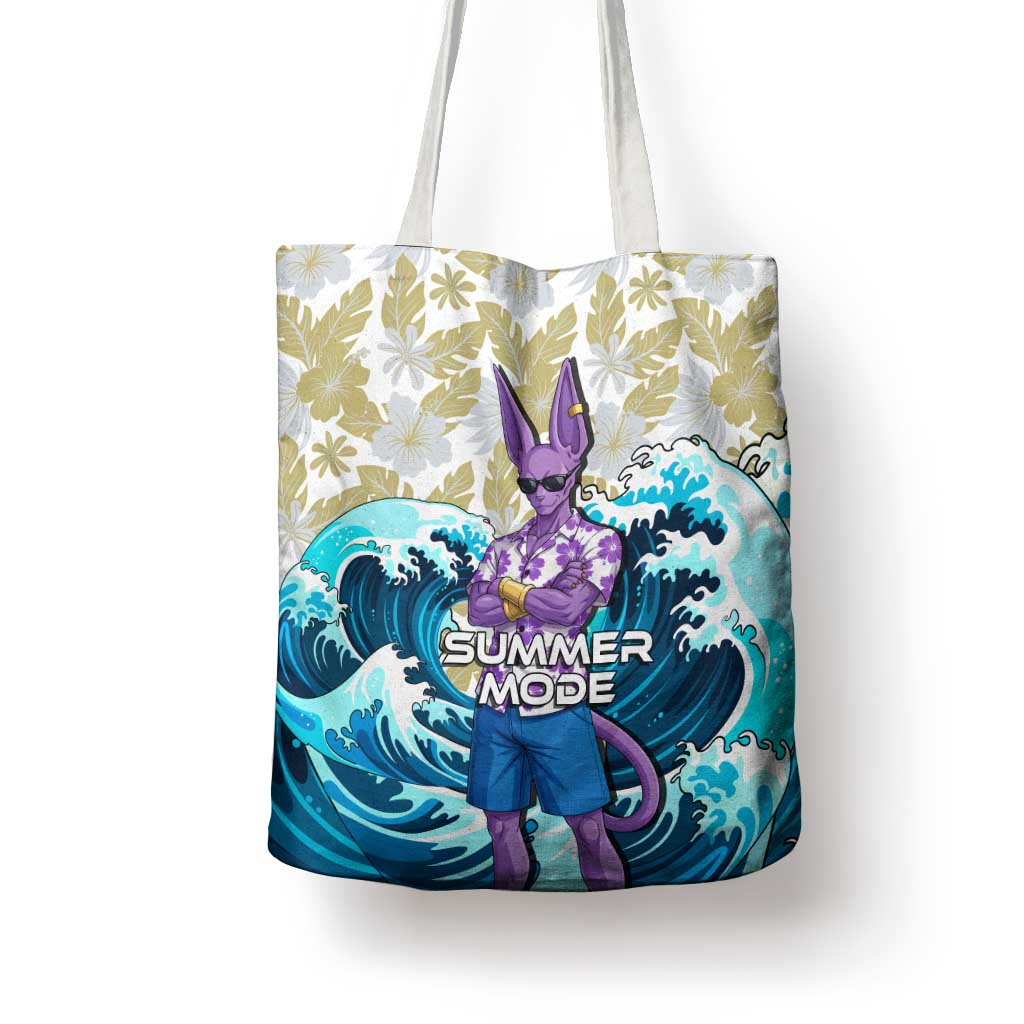 Beerus Dragon Ball Summer Theme Tote Bag with Floral Shirt Sunglasses Shenron and Ocean Wave Background - The Mazicc