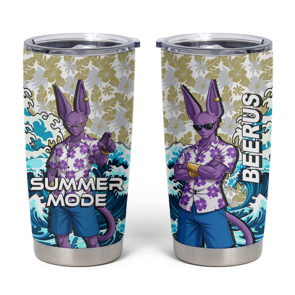 Beerus Dragon Ball Summer Theme Tumbler Cup with Floral Shirt Sunglasses Shenron and Ocean Wave Background - The Mazicc