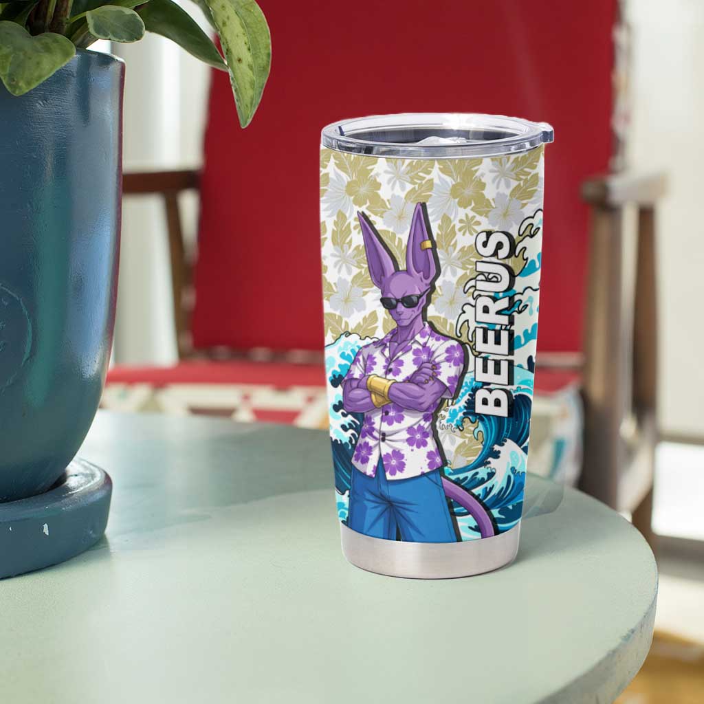 Beerus Dragon Ball Summer Theme Tumbler Cup with Floral Shirt Sunglasses Shenron and Ocean Wave Background - The Mazicc
