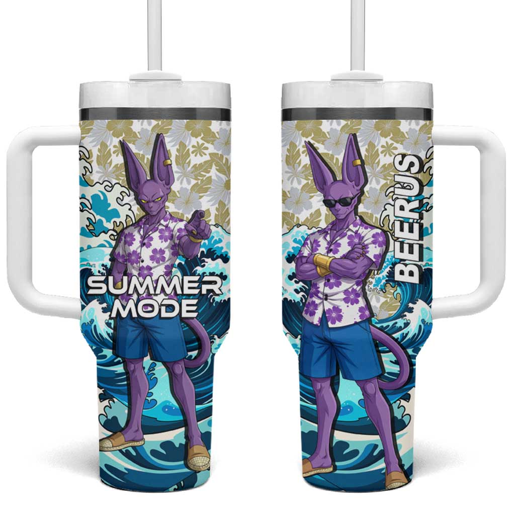 Beerus Dragon Ball Summer Theme Tumbler With Handle with Floral Shirt Sunglasses Shenron and Ocean Wave Background - The Mazicc