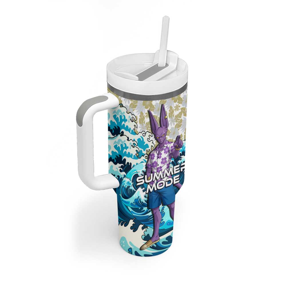 Beerus Dragon Ball Summer Theme Tumbler With Handle with Floral Shirt Sunglasses Shenron and Ocean Wave Background - The Mazicc