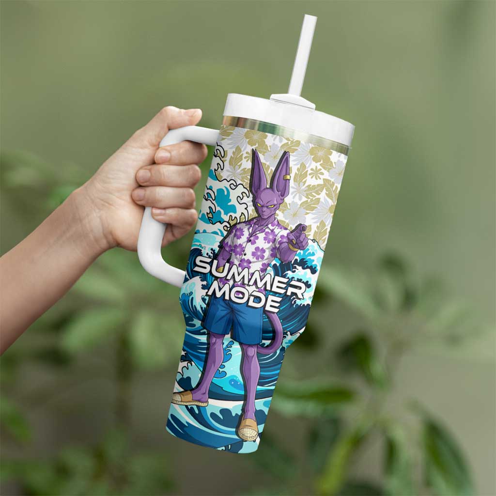 Beerus Dragon Ball Summer Theme Tumbler With Handle with Floral Shirt Sunglasses Shenron and Ocean Wave Background - The Mazicc