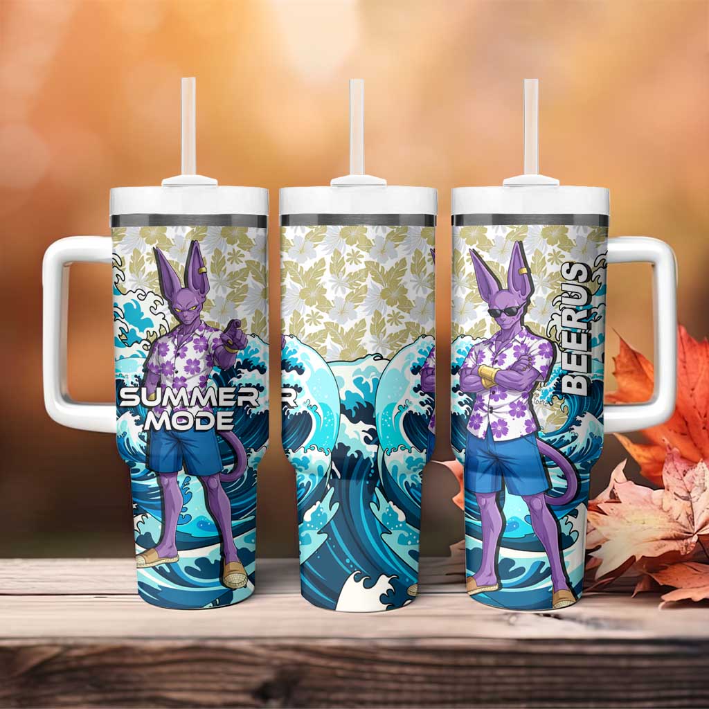 Beerus Dragon Ball Summer Theme Tumbler With Handle with Floral Shirt Sunglasses Shenron and Ocean Wave Background - The Mazicc