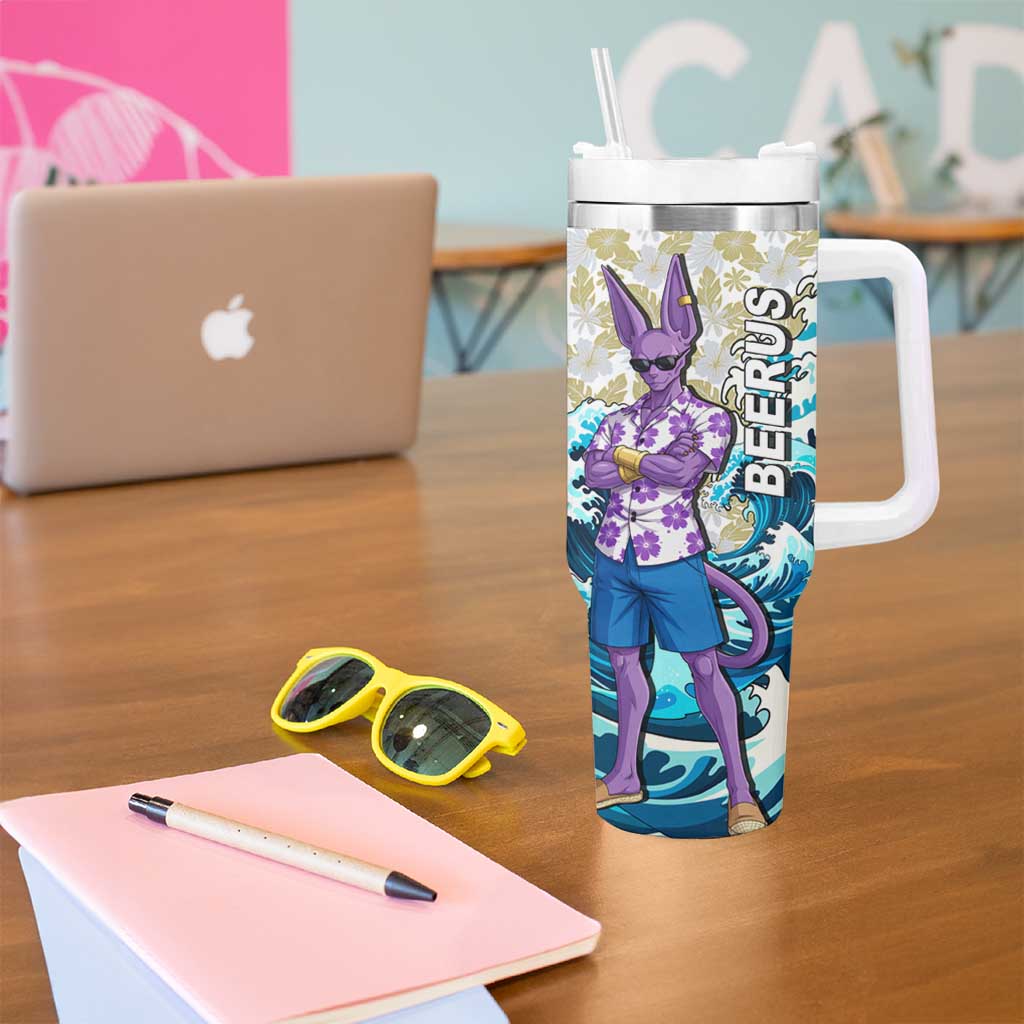 Beerus Dragon Ball Summer Theme Tumbler With Handle with Floral Shirt Sunglasses Shenron and Ocean Wave Background - The Mazicc