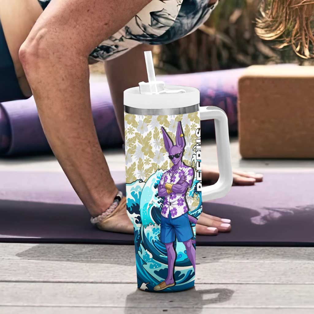 Beerus Dragon Ball Summer Theme Tumbler With Handle with Floral Shirt Sunglasses Shenron and Ocean Wave Background - The Mazicc