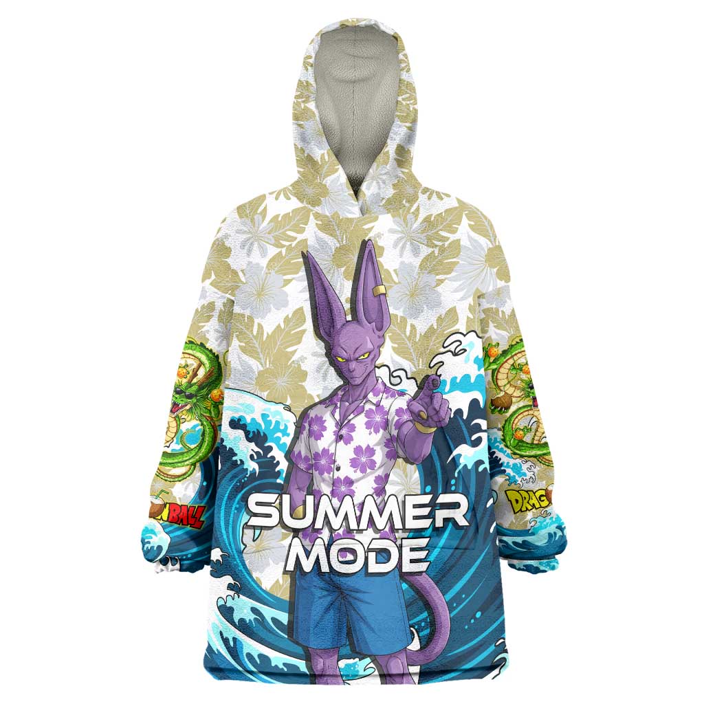 Beerus Dragon Ball Summer Theme Wearable Blanket Hoodie with Floral Shirt Sunglasses Shenron and Ocean Wave Background - The Mazicc
