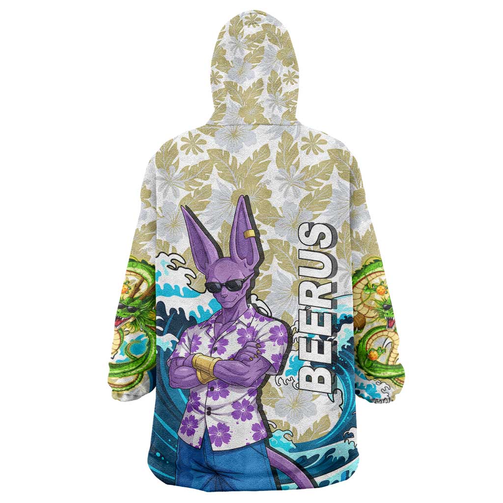 Beerus Dragon Ball Summer Theme Wearable Blanket Hoodie with Floral Shirt Sunglasses Shenron and Ocean Wave Background - The Mazicc