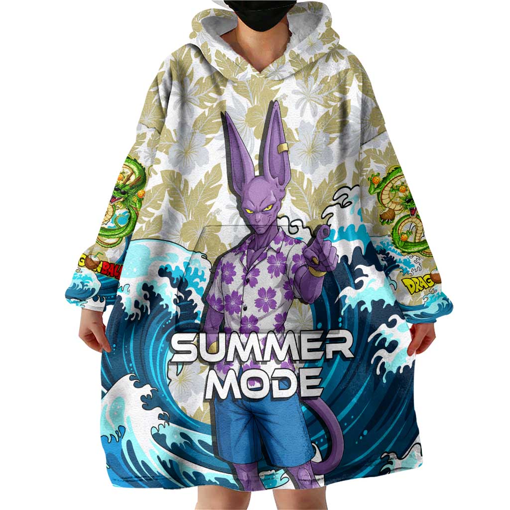 Beerus Dragon Ball Summer Theme Wearable Blanket Hoodie with Floral Shirt Sunglasses Shenron and Ocean Wave Background - The Mazicc