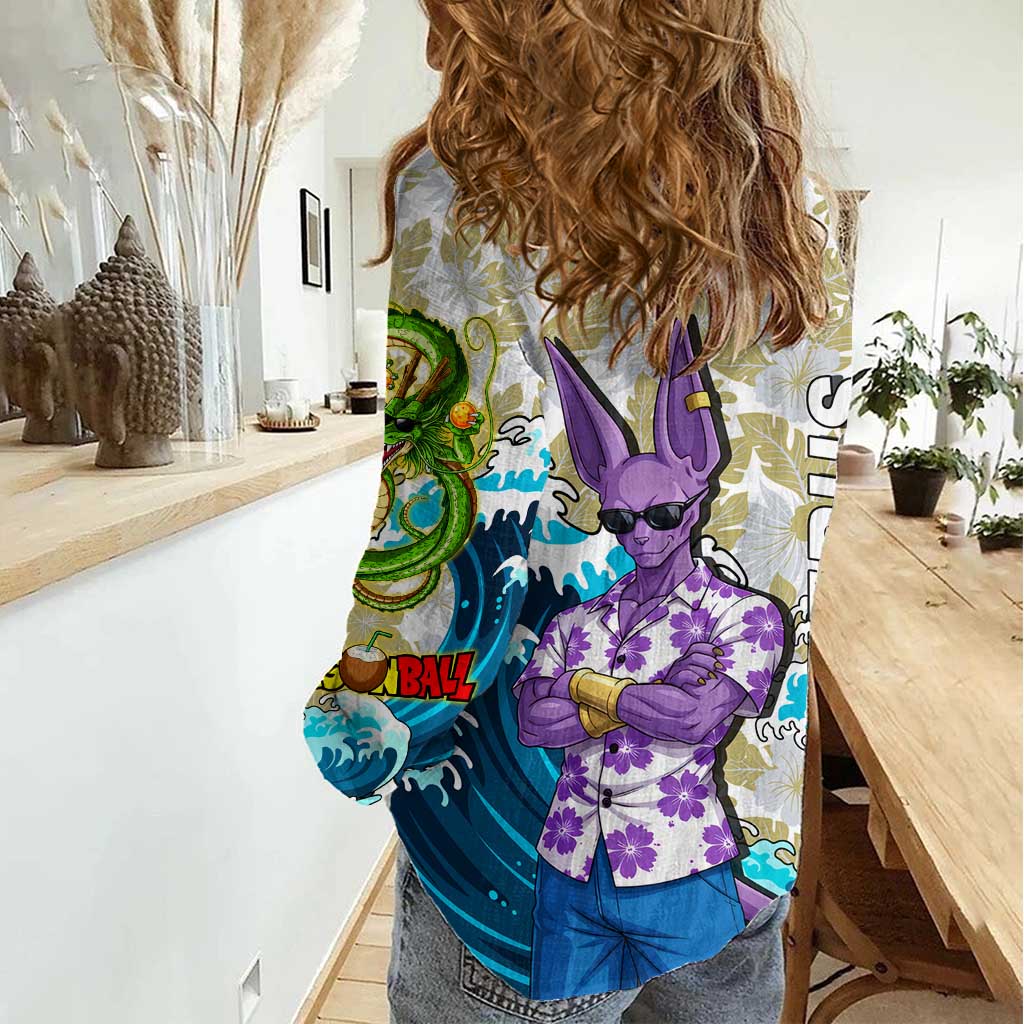 Beerus Dragon Ball Summer Theme Women Casual Shirt with Floral Shirt Sunglasses Shenron and Ocean Wave Background - The Mazicc