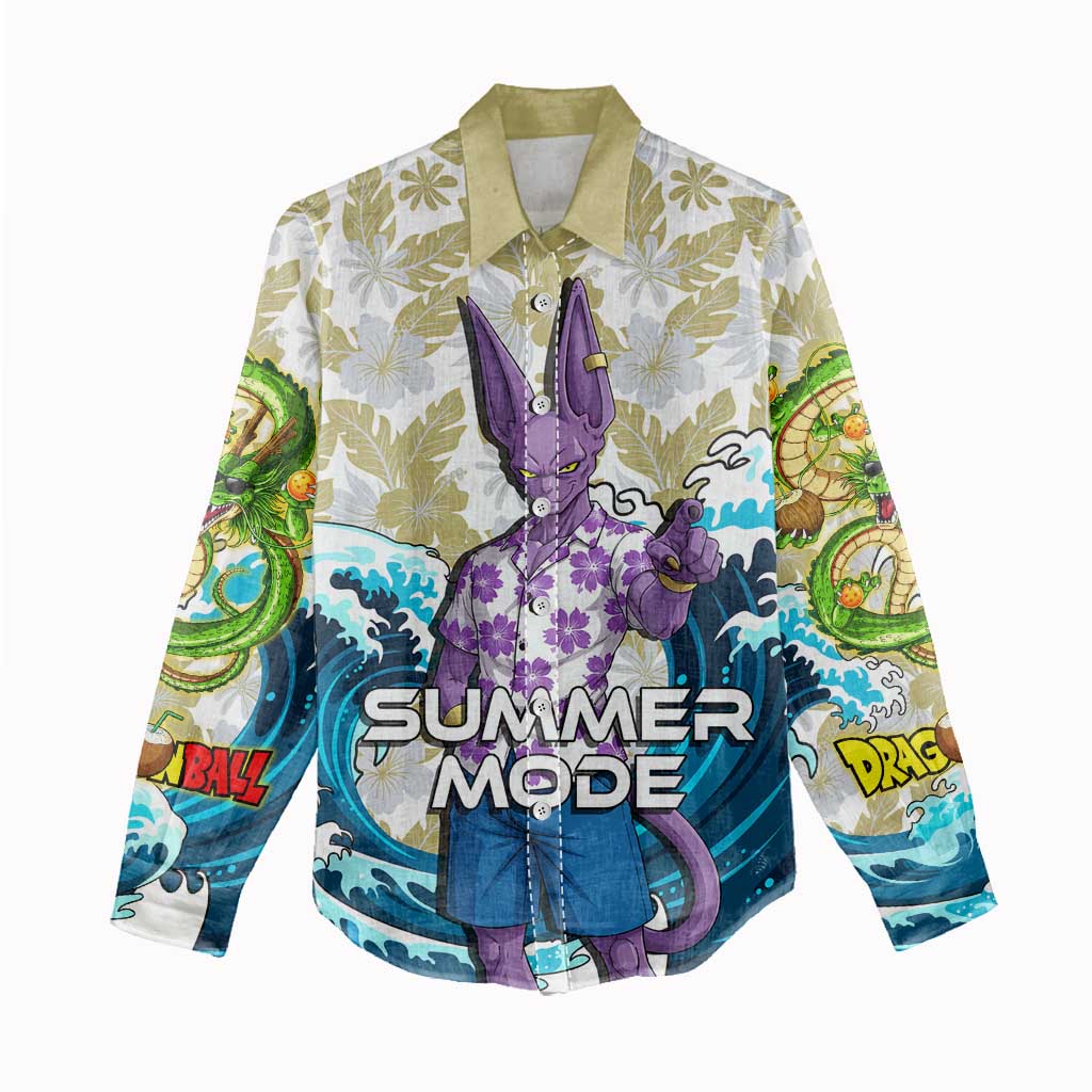 Beerus Dragon Ball Summer Theme Women Casual Shirt with Floral Shirt Sunglasses Shenron and Ocean Wave Background - The Mazicc