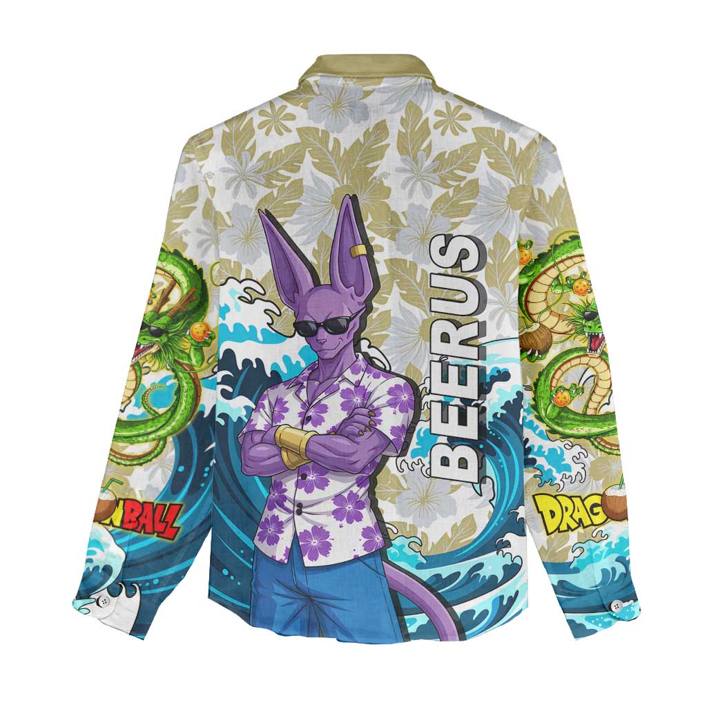 Beerus Dragon Ball Summer Theme Women Casual Shirt with Floral Shirt Sunglasses Shenron and Ocean Wave Background - The Mazicc