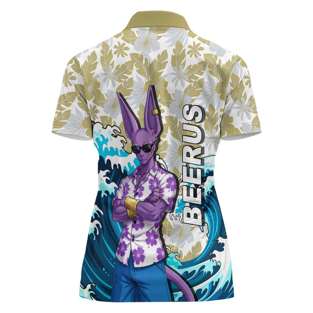 Beerus Dragon Ball Summer Theme Women Polo Shirt with Floral Shirt Sunglasses Shenron and Ocean Wave Background - The Mazicc