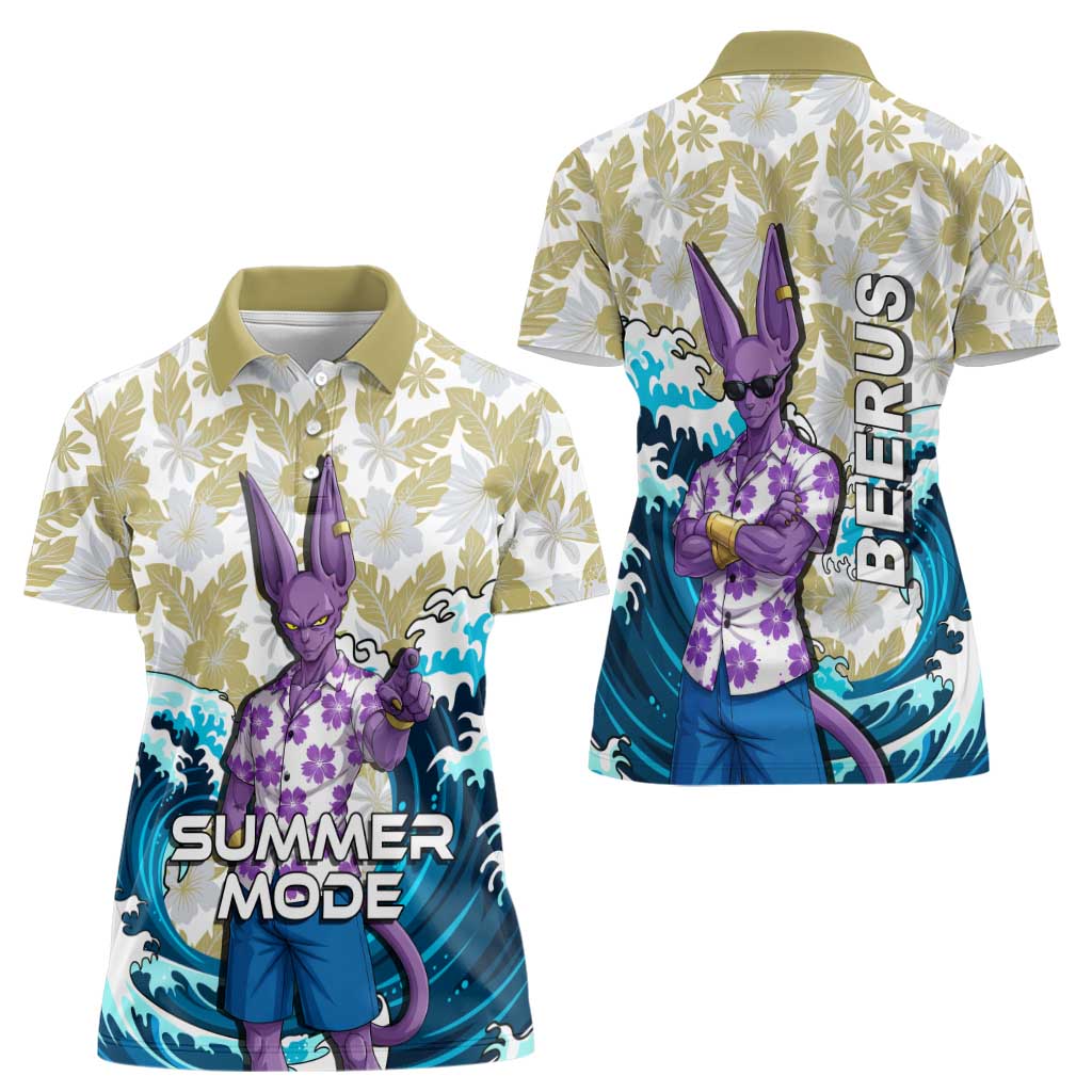Beerus Dragon Ball Summer Theme Women Polo Shirt with Floral Shirt Sunglasses Shenron and Ocean Wave Background - The Mazicc