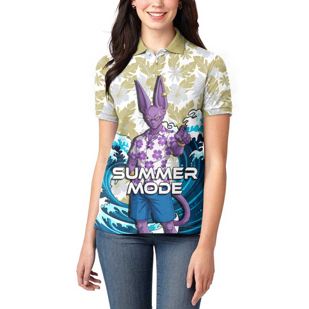 Beerus Dragon Ball Summer Theme Women Polo Shirt with Floral Shirt Sunglasses Shenron and Ocean Wave Background - The Mazicc