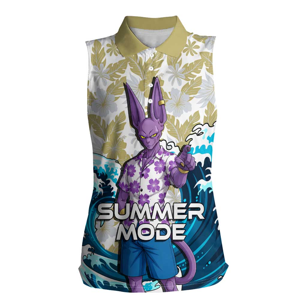 Beerus Dragon Ball Summer Theme Women Sleeveless Polo Shirt with Floral Shirt Sunglasses Shenron and Ocean Wave Background - The Mazicc