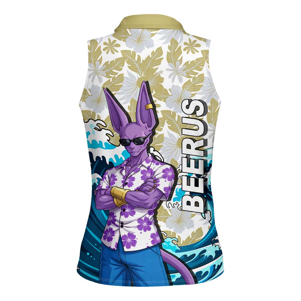 Beerus Dragon Ball Summer Theme Women Sleeveless Polo Shirt with Floral Shirt Sunglasses Shenron and Ocean Wave Background - The Mazicc
