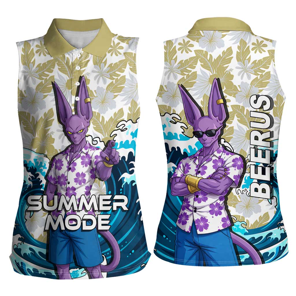 Beerus Dragon Ball Summer Theme Women Sleeveless Polo Shirt with Floral Shirt Sunglasses Shenron and Ocean Wave Background - The Mazicc
