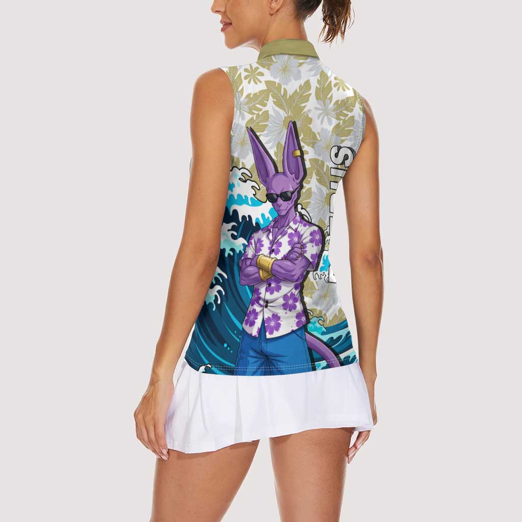 Beerus Dragon Ball Summer Theme Women Sleeveless Polo Shirt with Floral Shirt Sunglasses Shenron and Ocean Wave Background - The Mazicc