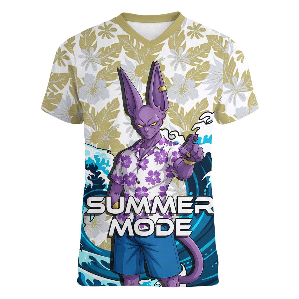 Beerus Dragon Ball Summer Theme Women V-Neck T-Shirt with Floral Shirt Sunglasses Shenron and Ocean Wave Background - The Mazicc