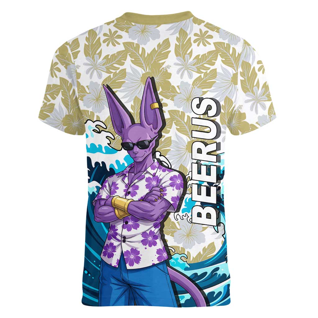 Beerus Dragon Ball Summer Theme Women V-Neck T-Shirt with Floral Shirt Sunglasses Shenron and Ocean Wave Background - The Mazicc