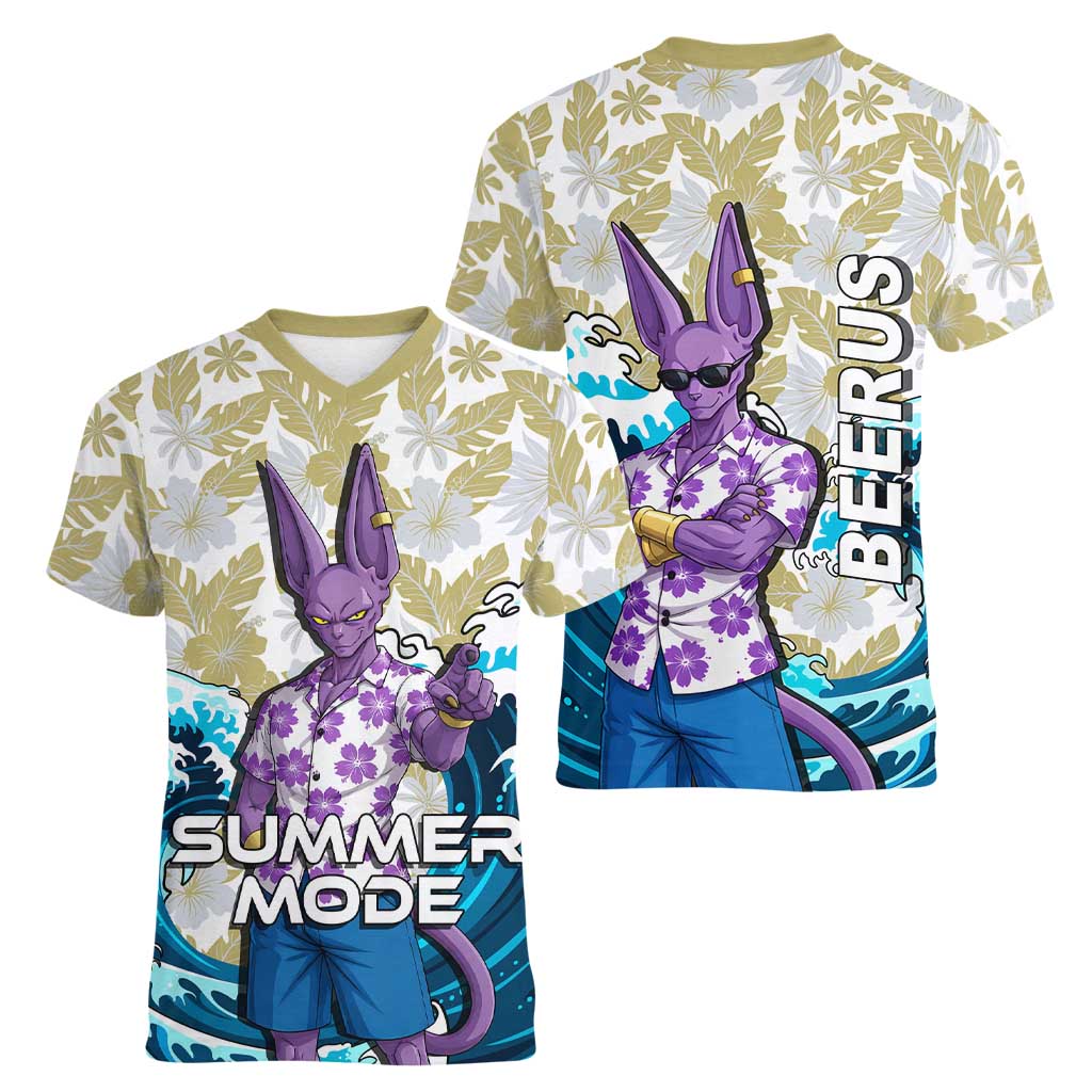 Beerus Dragon Ball Summer Theme Women V-Neck T-Shirt with Floral Shirt Sunglasses Shenron and Ocean Wave Background - The Mazicc