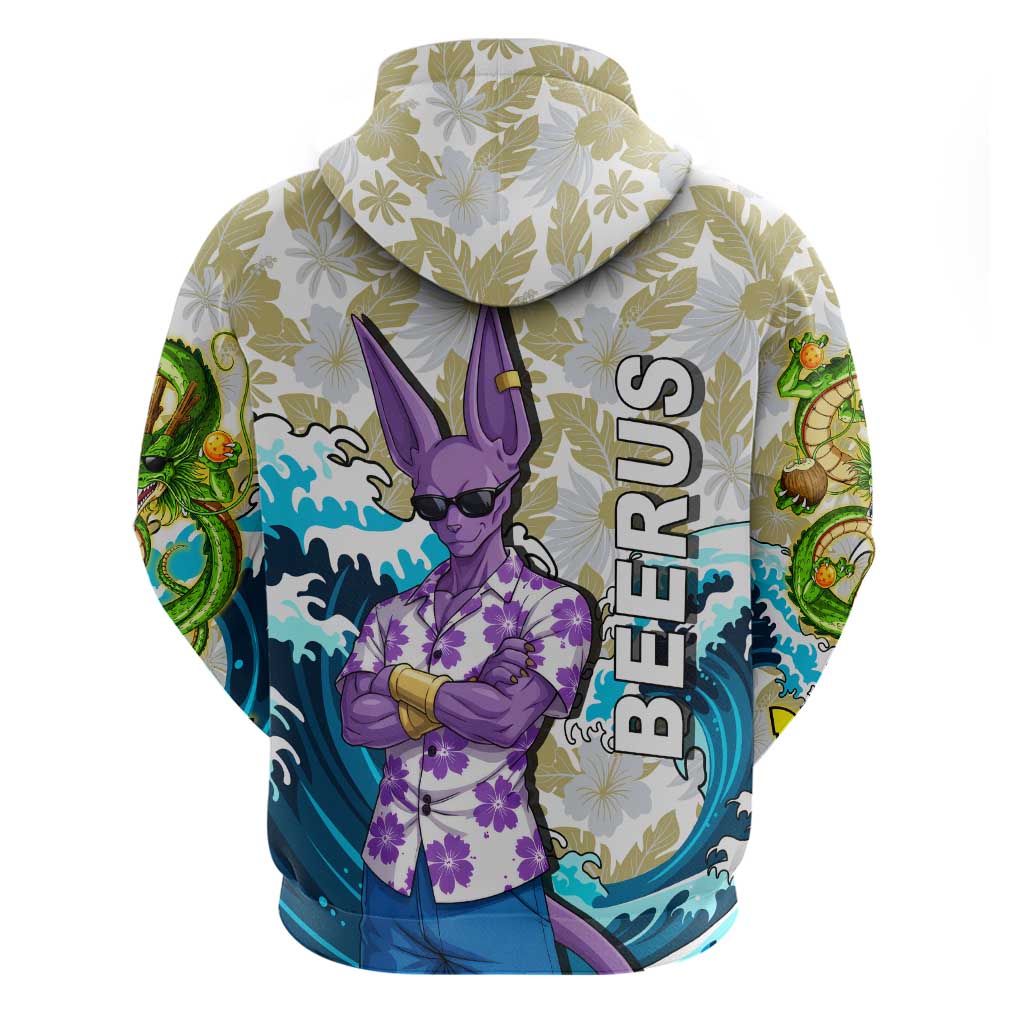 Beerus Dragon Ball Summer Theme Zip Hoodie with Floral Shirt Sunglasses Shenron and Ocean Wave Background - The Mazicc