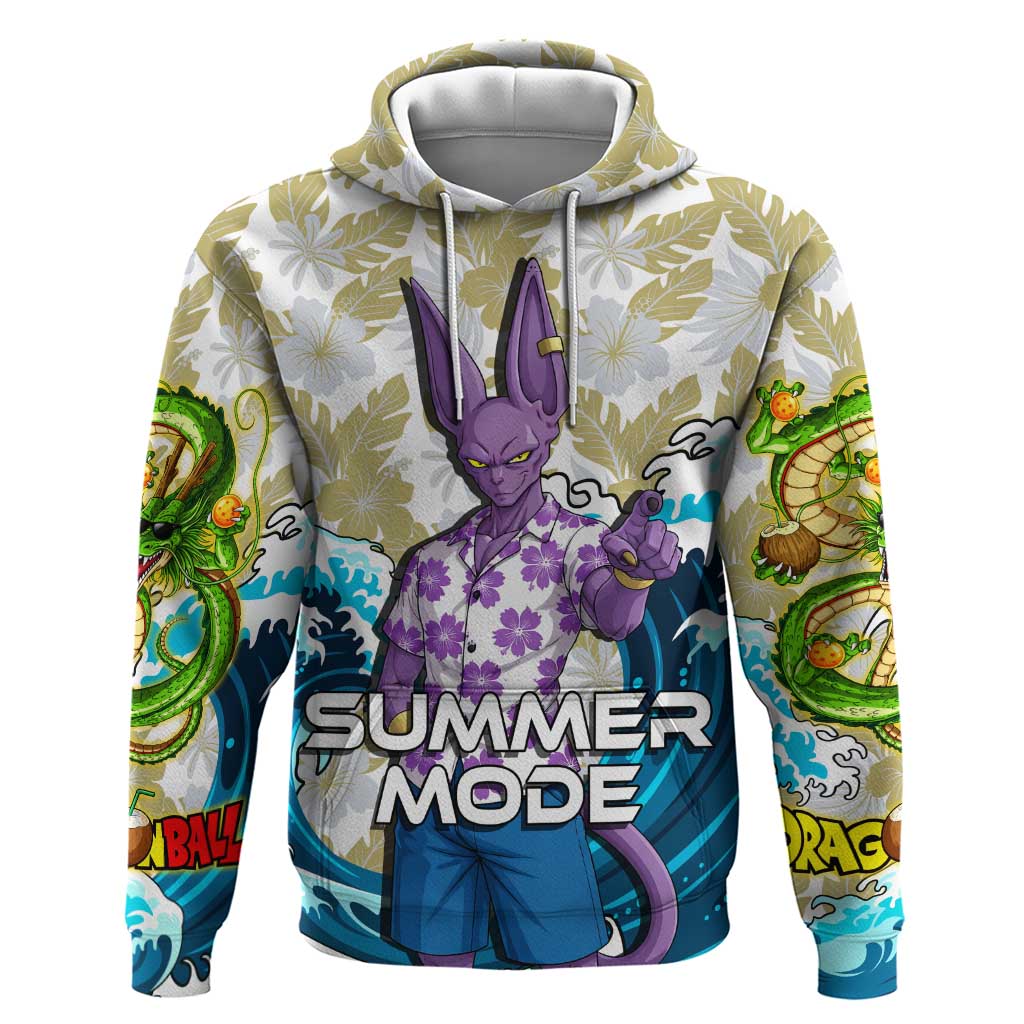 Beerus Dragon Ball Summer Theme Zip Hoodie with Floral Shirt Sunglasses Shenron and Ocean Wave Background - The Mazicc