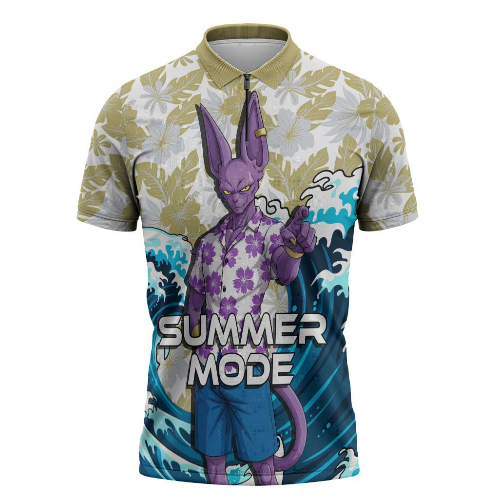 Beerus Dragon Ball Summer Theme Zipper Polo Shirt with Floral Shirt Sunglasses Shenron and Ocean Wave Background - The Mazicc