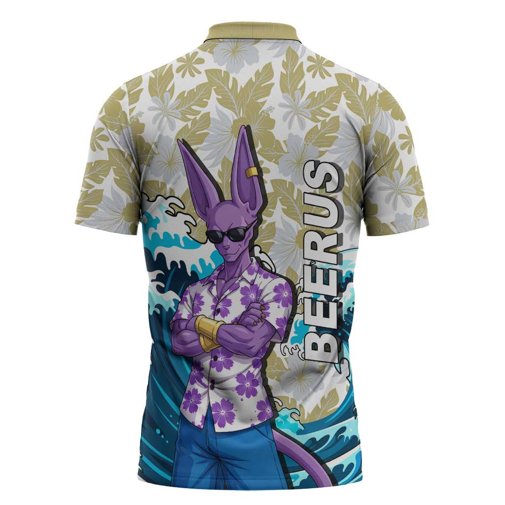 Beerus Dragon Ball Summer Theme Zipper Polo Shirt with Floral Shirt Sunglasses Shenron and Ocean Wave Background - The Mazicc