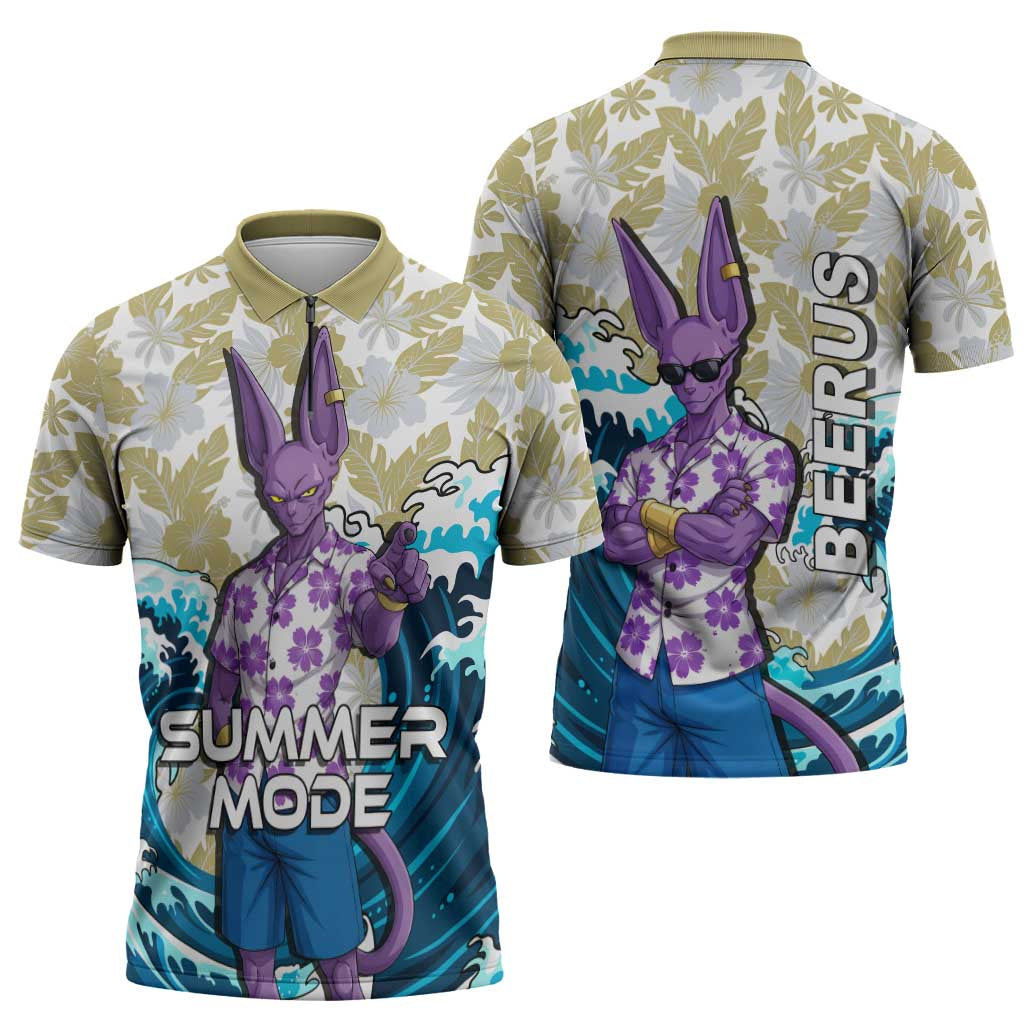 Beerus Dragon Ball Summer Theme Zipper Polo Shirt with Floral Shirt Sunglasses Shenron and Ocean Wave Background - The Mazicc
