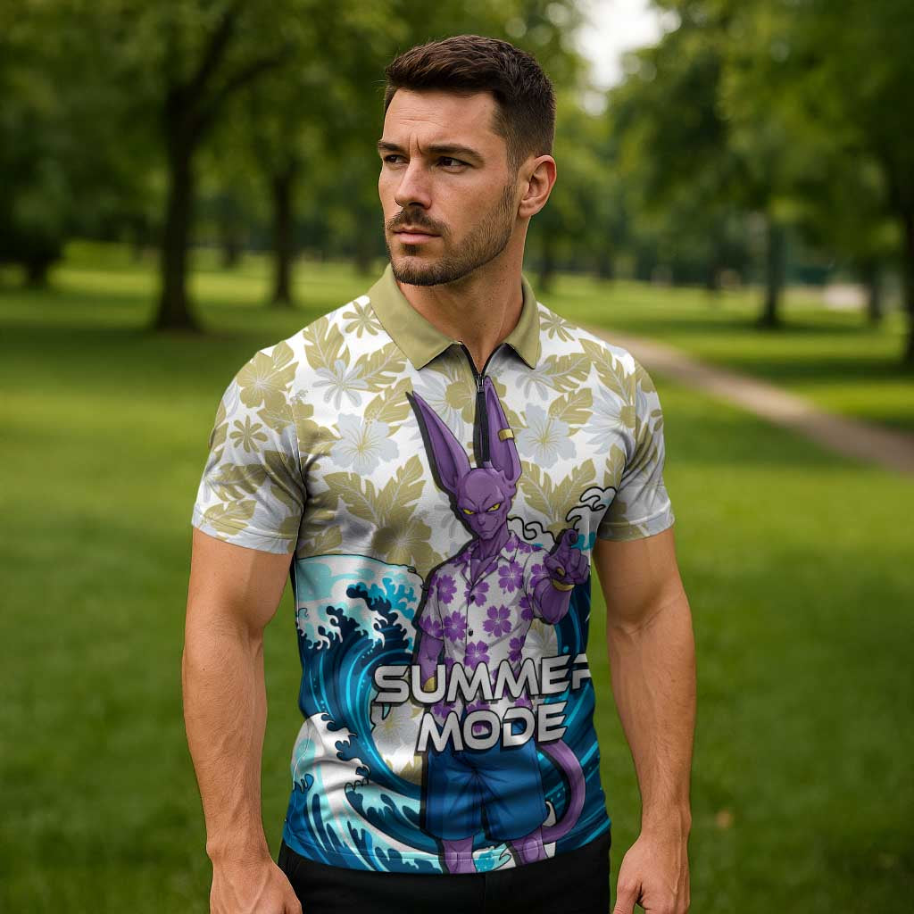 Beerus Dragon Ball Summer Theme Zipper Polo Shirt with Floral Shirt Sunglasses Shenron and Ocean Wave Background - The Mazicc