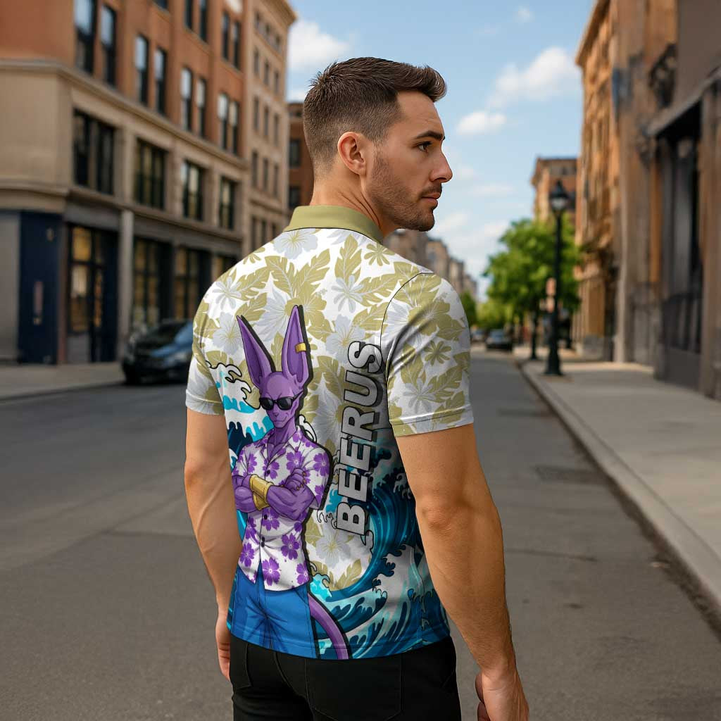 Beerus Dragon Ball Summer Theme Zipper Polo Shirt with Floral Shirt Sunglasses Shenron and Ocean Wave Background - The Mazicc