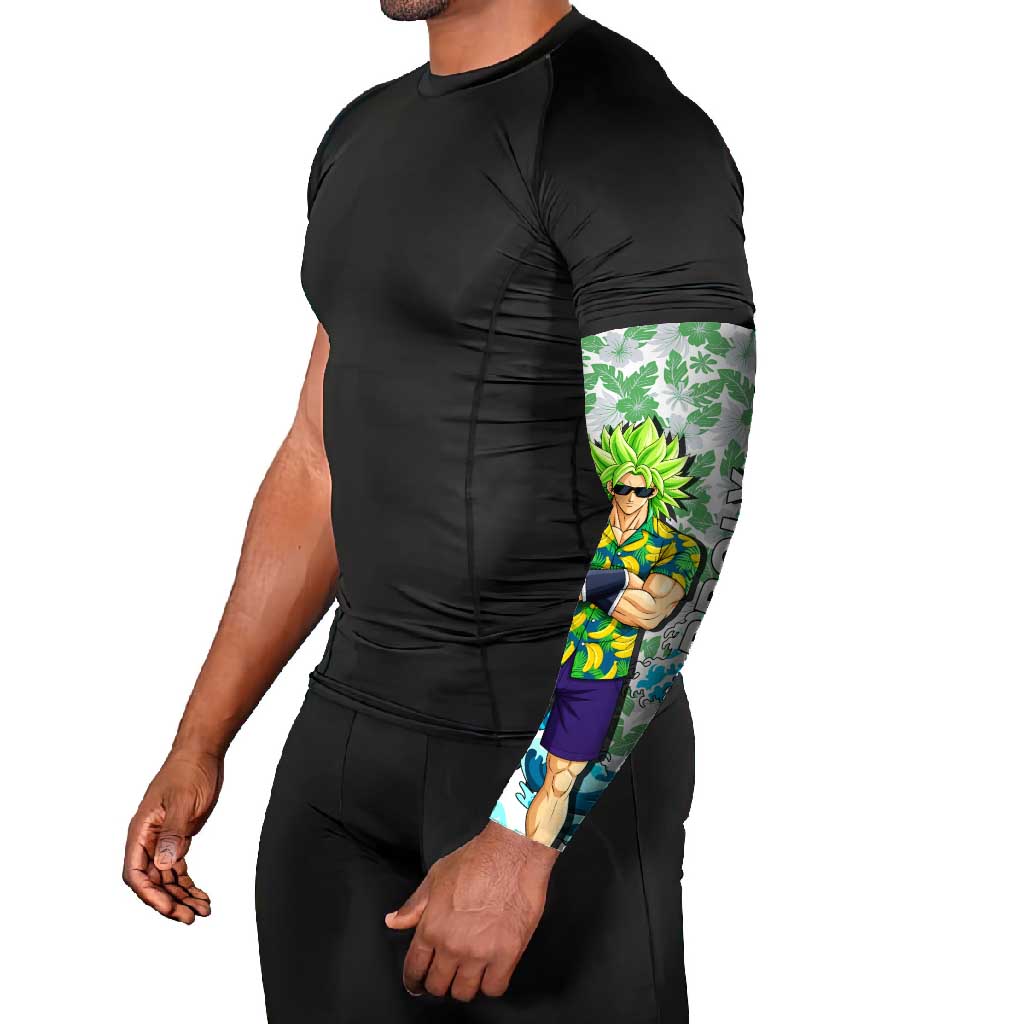 Broly Dragon Ball Summer Theme Arm Sleeves with Banana Shirt Sunglasses Shenron and Tropical Ocean Background - The Mazicc