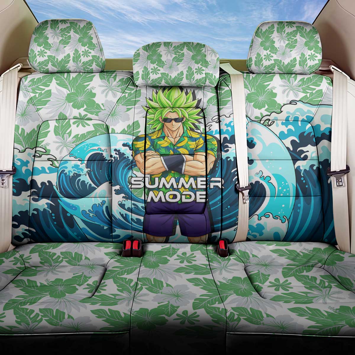 Broly Dragon Ball Summer Theme Back Car Seat Cover with Banana Shirt Sunglasses Shenron and Tropical Ocean Background - The Mazicc