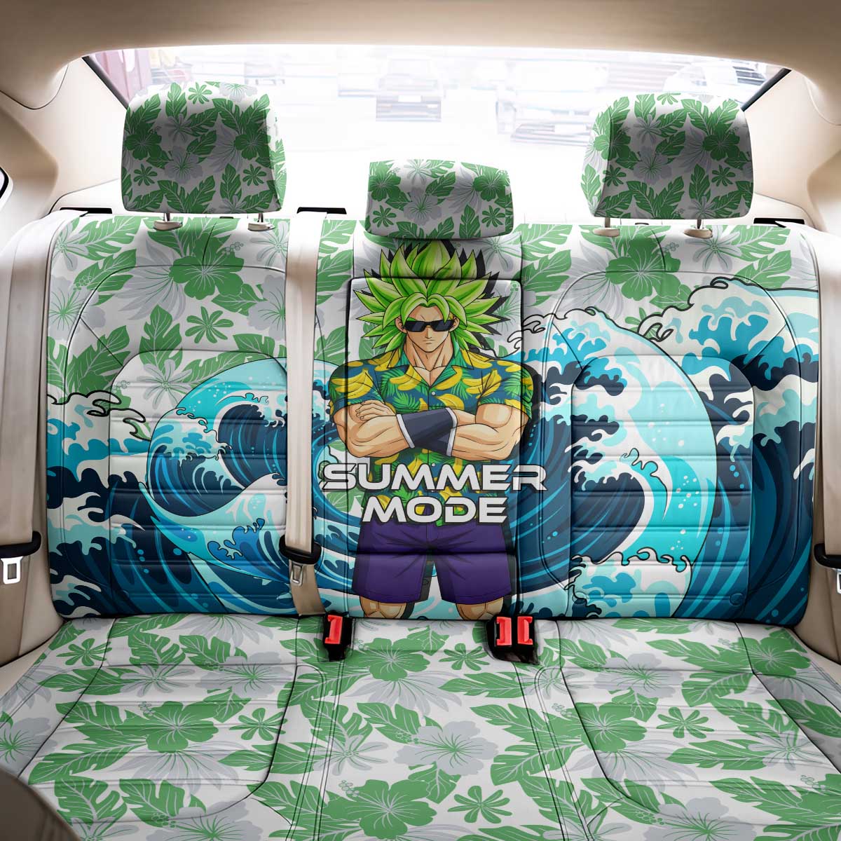 Broly Dragon Ball Summer Theme Back Car Seat Cover with Banana Shirt Sunglasses Shenron and Tropical Ocean Background - The Mazicc