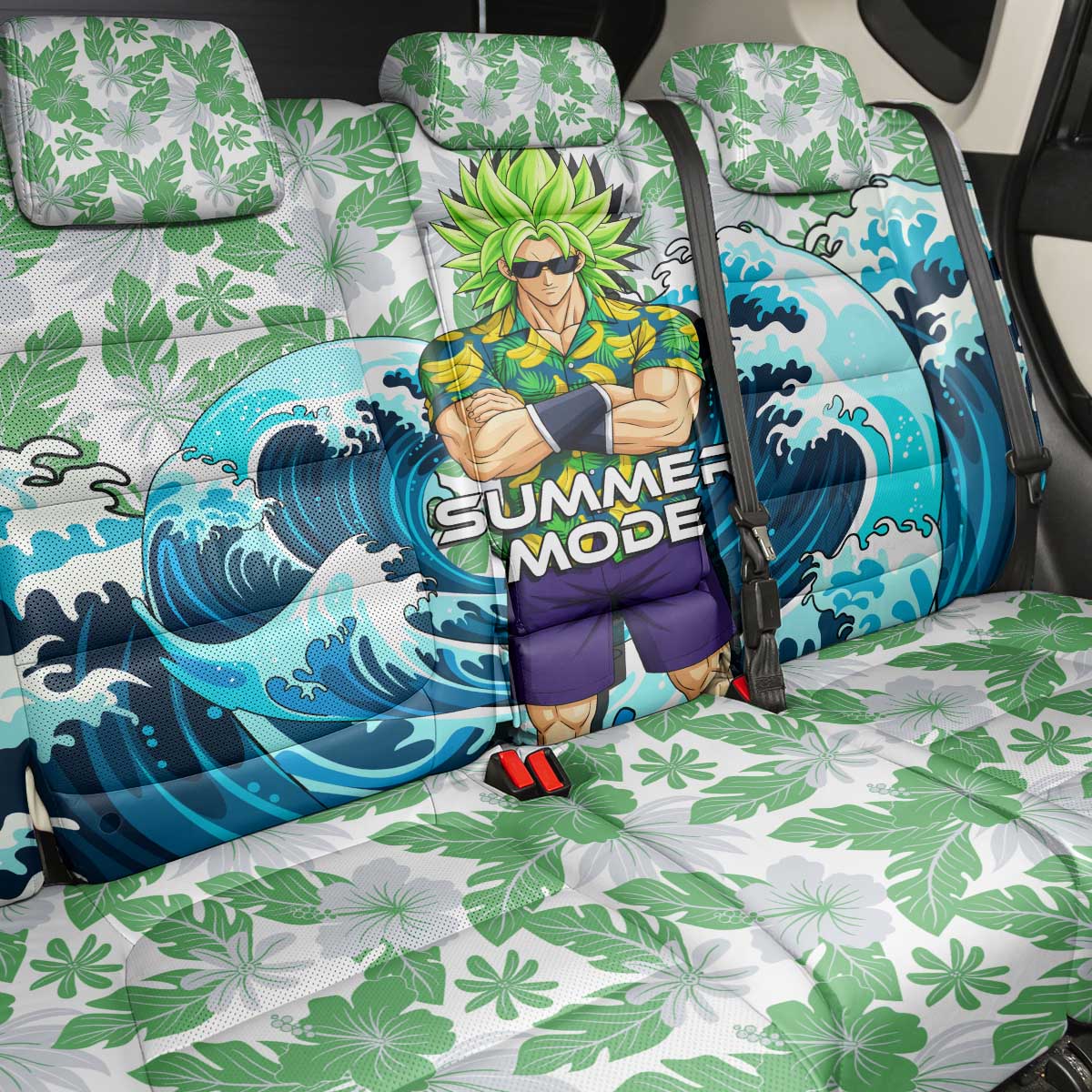 Broly Dragon Ball Summer Theme Back Car Seat Cover with Banana Shirt Sunglasses Shenron and Tropical Ocean Background - The Mazicc