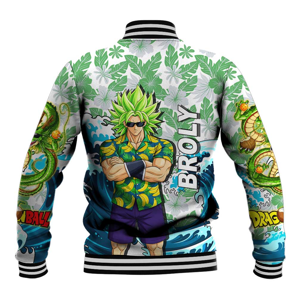 Broly Dragon Ball Summer Theme Baseball Jacket with Banana Shirt Sunglasses Shenron and Tropical Ocean Background - The Mazicc