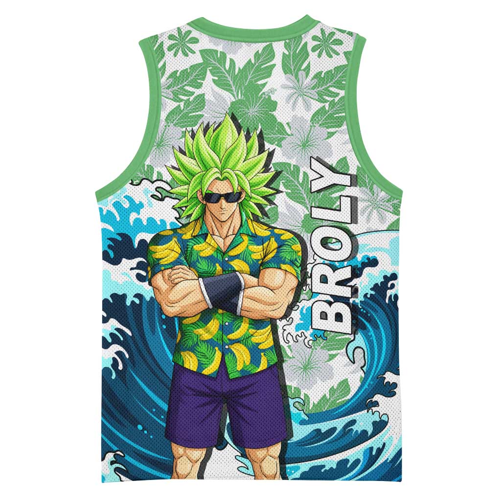 Broly Dragon Ball Summer Theme Basketball Jersey with Banana Shirt Sunglasses Shenron and Tropical Ocean Background - The Mazicc