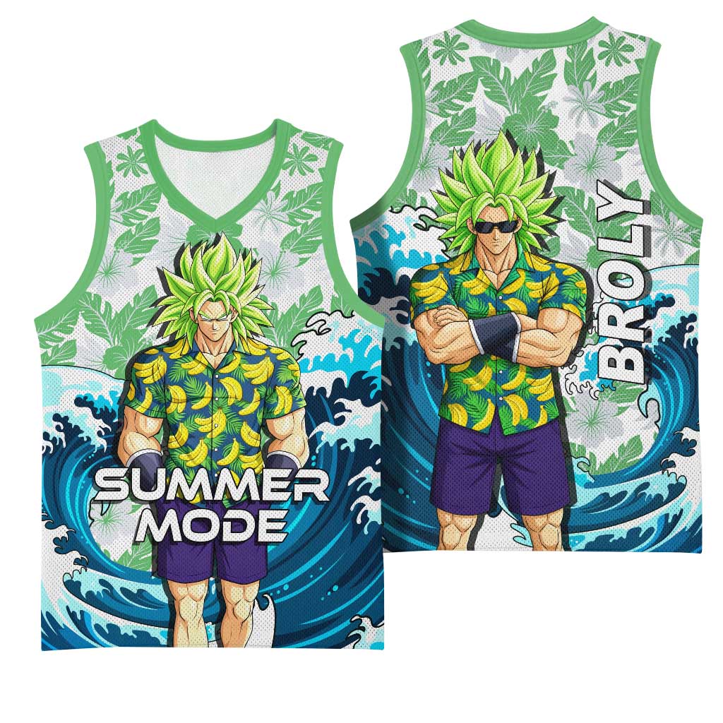 Broly Dragon Ball Summer Theme Basketball Jersey with Banana Shirt Sunglasses Shenron and Tropical Ocean Background - The Mazicc