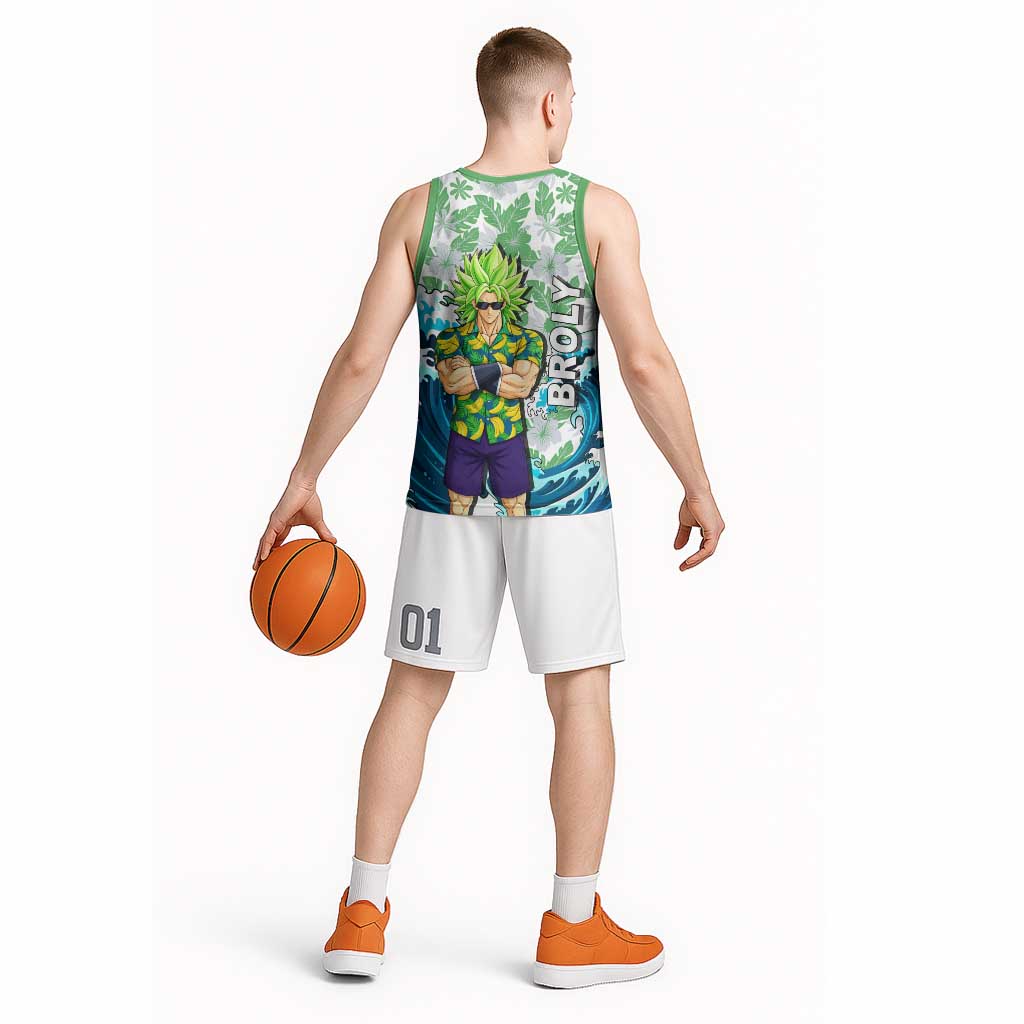 Broly Dragon Ball Summer Theme Basketball Jersey with Banana Shirt Sunglasses Shenron and Tropical Ocean Background - The Mazicc